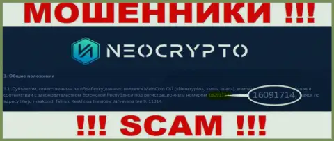Регистрационный номер Neo Crypto - сведения с официального web-сайта: 216091714