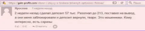 Биржевой игрок Ярослав написал негативный честный отзыв о форекс брокере FiN MAX после того как шулера ему заблокировали счет в размере 213 000 рублей