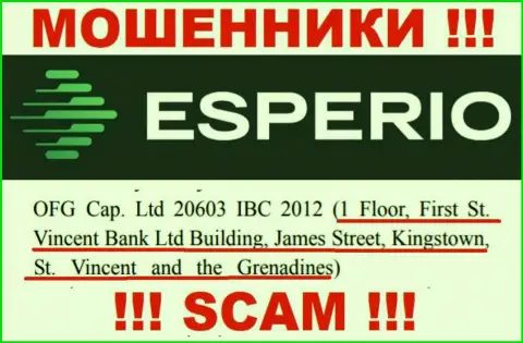 Преступно действующая контора Esperio находится в офшоре по адресу 1 Floor, First St. Vincent Bank Ltd Building, James Street, Kingstown, St. Vincent and the Grenadines, будьте осторожны
