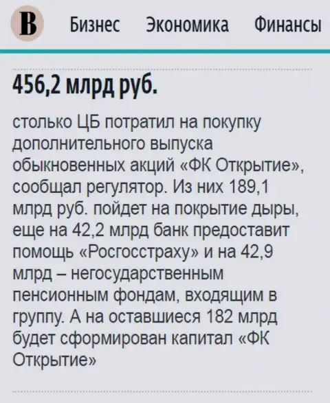 Как написано в издании Ведомости, почти пол трлн. рублей пошло на докапитализацию финансовой группы Открытие
